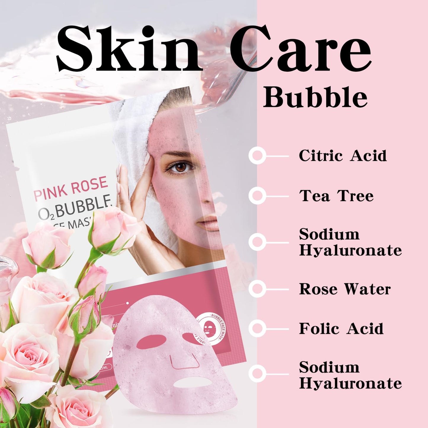 IREV 10 Pack Pink Rose O2 Bubble Face Masks Sheet, Bubble Facial Mask, Foaming Face Mask, Purifying Facial Mask for Acne and Pores, Moisturizing Spa Face Masks Skincare Gifts