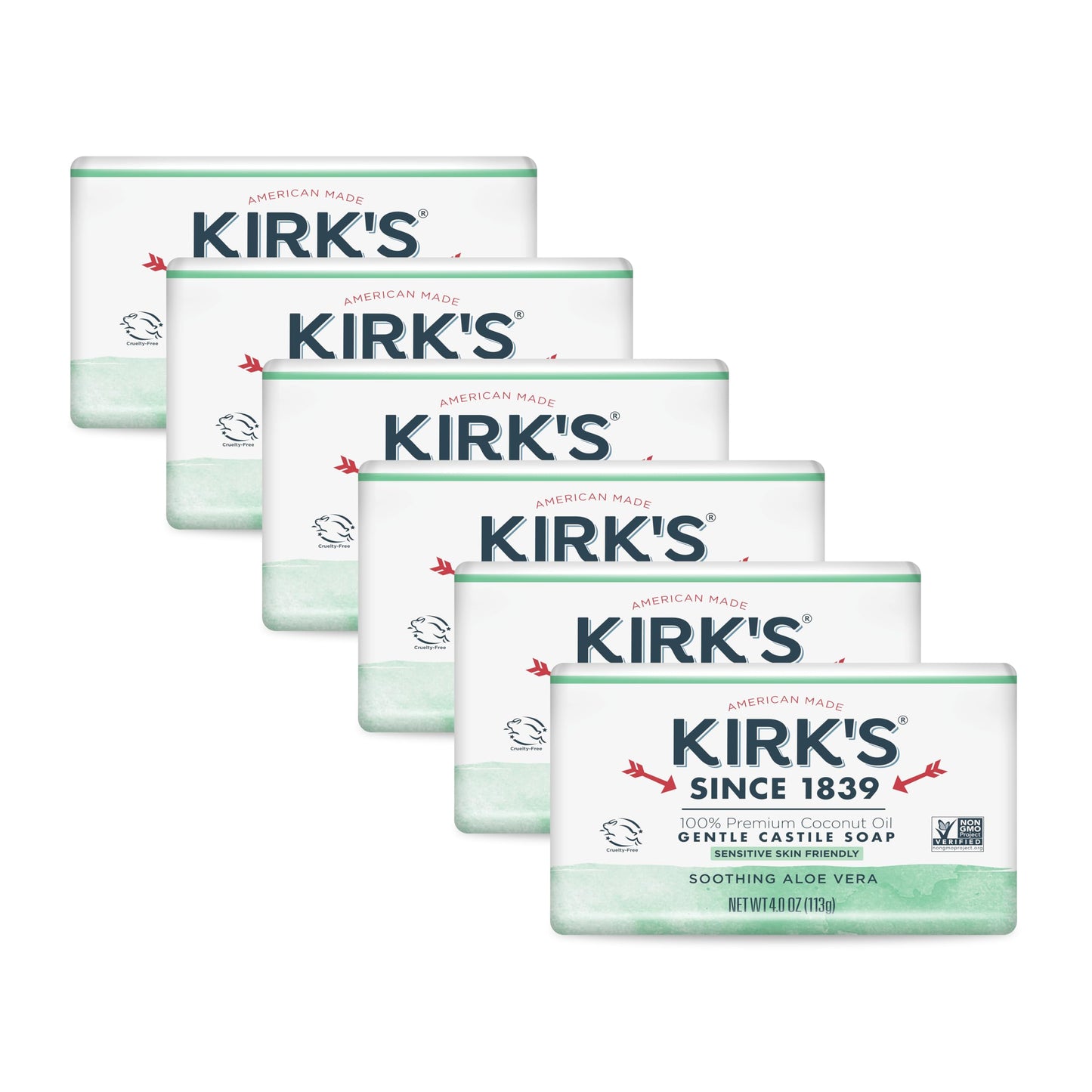 Kirk's Castile Bar Soap for Men, Women & Children - Made with Premium Coconut Oil, Sensitive Skin Formula, Vegan, Non GMO, Aloe Vera, 4 oz. Bars 6 Pack