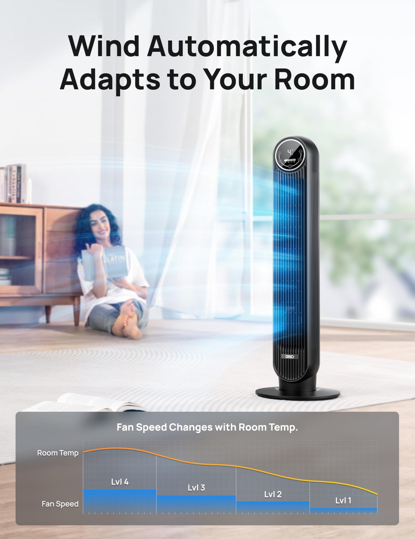 Dreo Tower Fan for Bedroom, Smart Oscillating Quiet Floor Fans, Standing Bladeless Fan with Remote and WiFi Voice Control, 4 Modes, 4 Speeds, 8H Timer, 28dB, Works with Alexa/Google