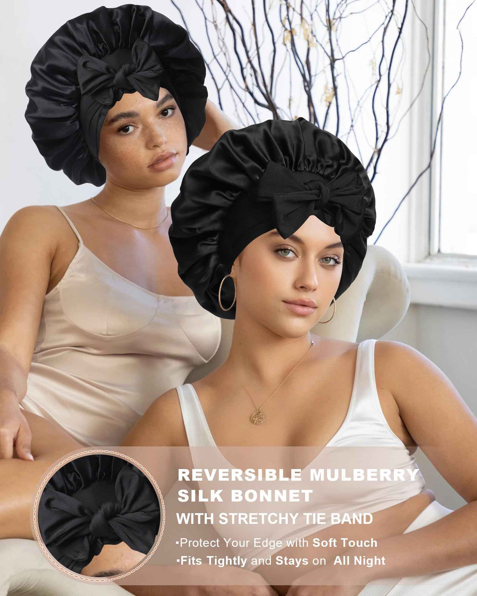 Mulberry Silk Bonnet Sleeping Women Curly Hair Bonnets Tie Band Double Layer Reversible Sleep Bonnet Silk Hair Wrap Sleep Cap Black