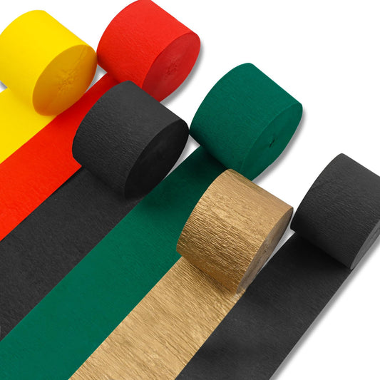 PartyWoo Crepe Paper Streamers 6 Rolls 492ft, Pack of Metallic Gold Black Green Red Yellow Crepe Paper Streamers, Crepe Paper for Black History Month Party Decorations (1.8 in x 82 Ft/Roll)