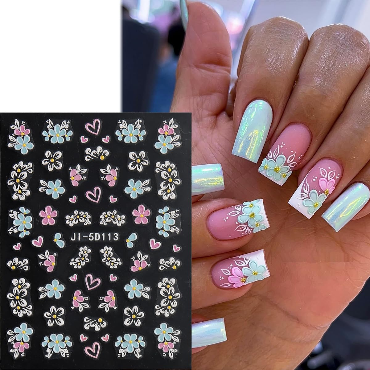 Fcozpjk Acrylic Flowers for Nails 4 Sheets 5D Embossed Floral Nail Decals Colorful Flowers Nail Stickers, Gold Strip Lines Swirls French Tip Nail Stickers, Daisy Butterfly Stickers Pegatinas Uñas