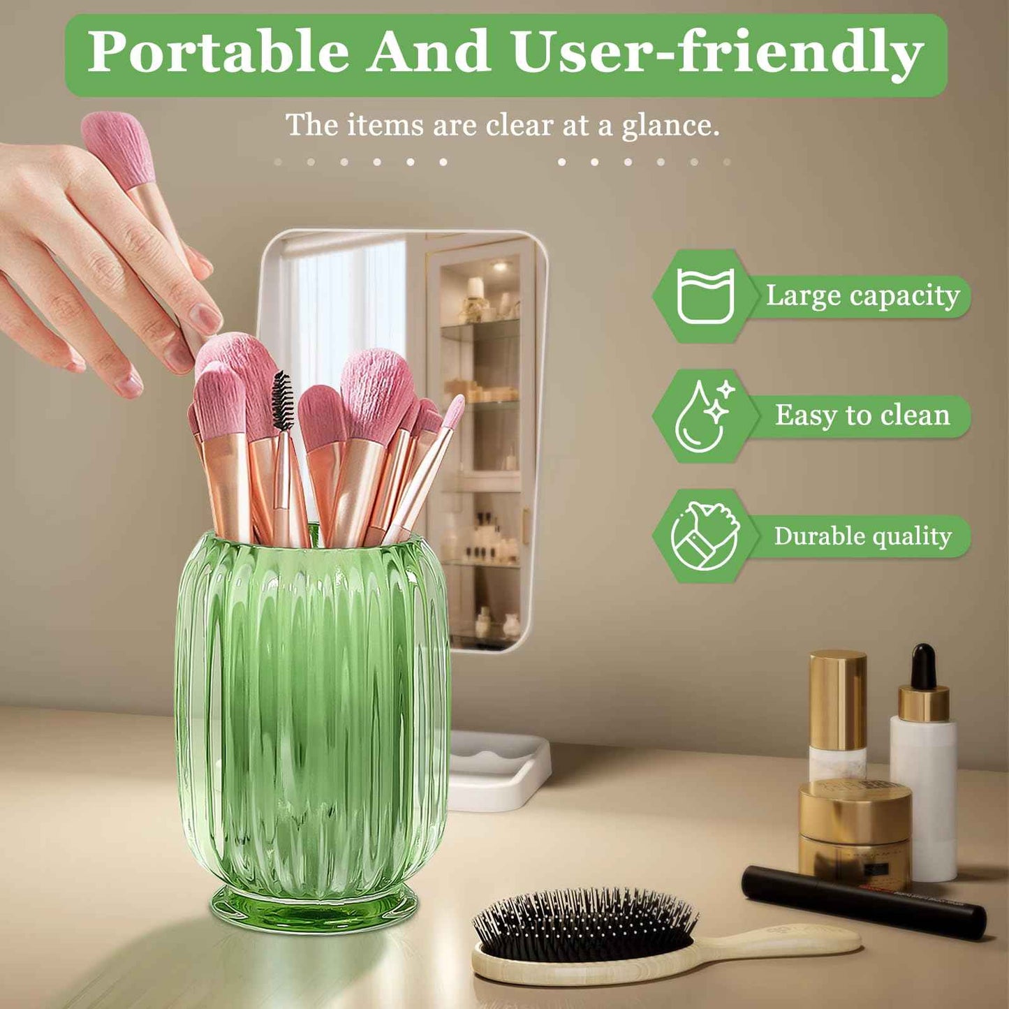 Makeup Brush Holder, Thick Glass Makeup Brush Organizer Cup, 4.8" Tall for Vanity Hair Brush Holder Brushes Storage, Makeup Brush Holder Organizer organizador de brochas de maquillaje Crystal Green