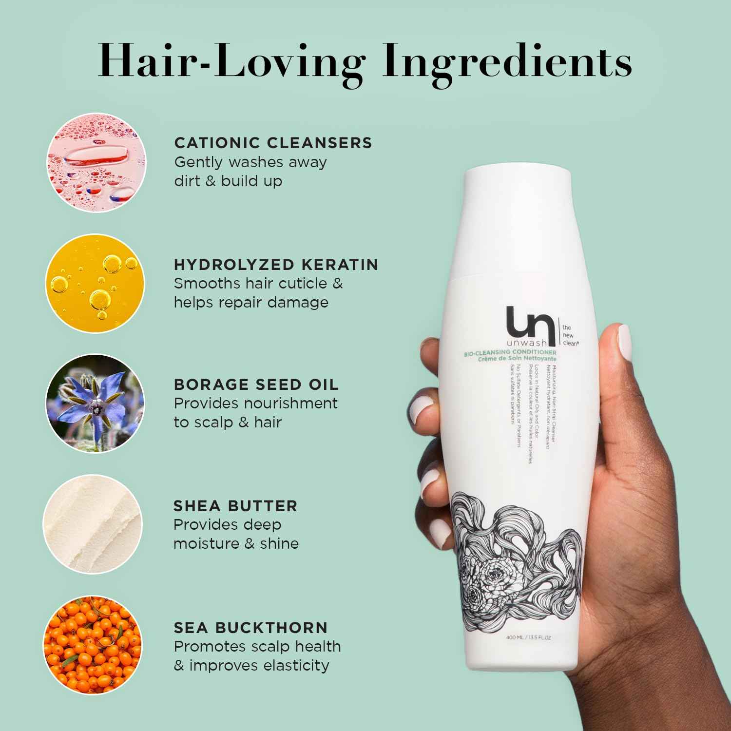 Unwash Bio-Cleansing Conditioner - Gentle, Hydrating Co-Wash Cleansing Conditioner, Sulfate & Paraben Free, for Curly, Coily & Dry Hair, 13.5 fl oz