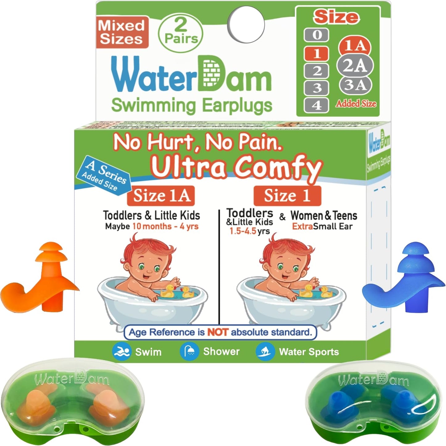 WaterDam A-Series Swimming Ear Plugs Ultra Comfy Great Waterproof Earplugs (Mixed Sizes, Size 1A+1: Toddler Little Kids 10m-6yrs & ExtraSmall Ear Women&Teens)