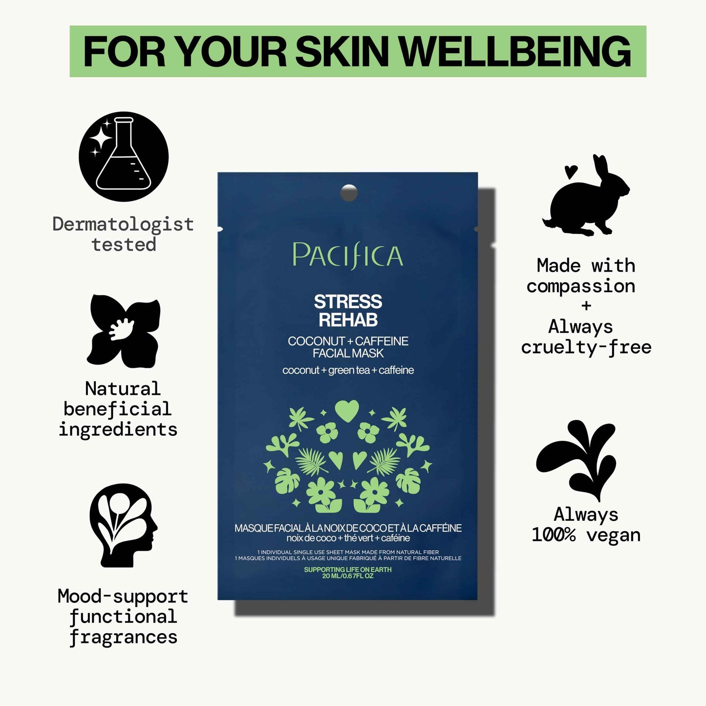 Pacifica Beauty Skin Rehab Coconut and Caffeine Facial Mask, Skincare, Green Tea, Puffiness, Face Mask, Sheet Mask, Face Care, All Skin Types, Vegan (6 Sheets)