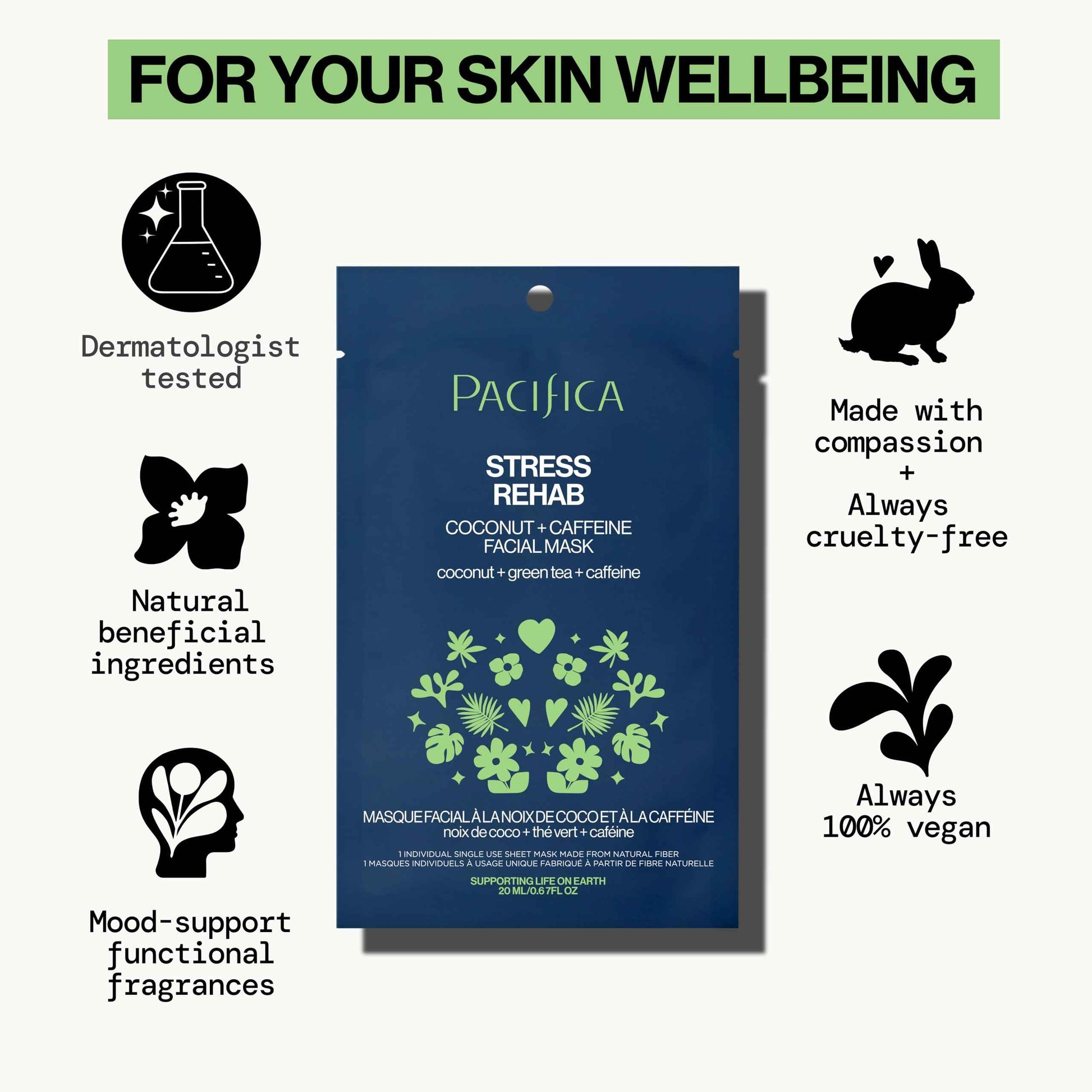Pacifica Beauty Skin Rehab Coconut and Caffeine Facial Mask, Skincare, Green Tea, Puffiness, Face Mask, Sheet Mask, Face Care, All Skin Types, Vegan (6 Sheets)
