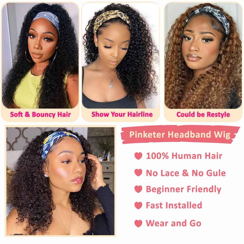 Pinketer Kinky Curly Headband Wig Human Hair None Lace Front Wigs for Black Women 150% Density Brazilian Virgin Human Hair Headband Wig Machine Made Natural Color (Headband Wig, 14inch)