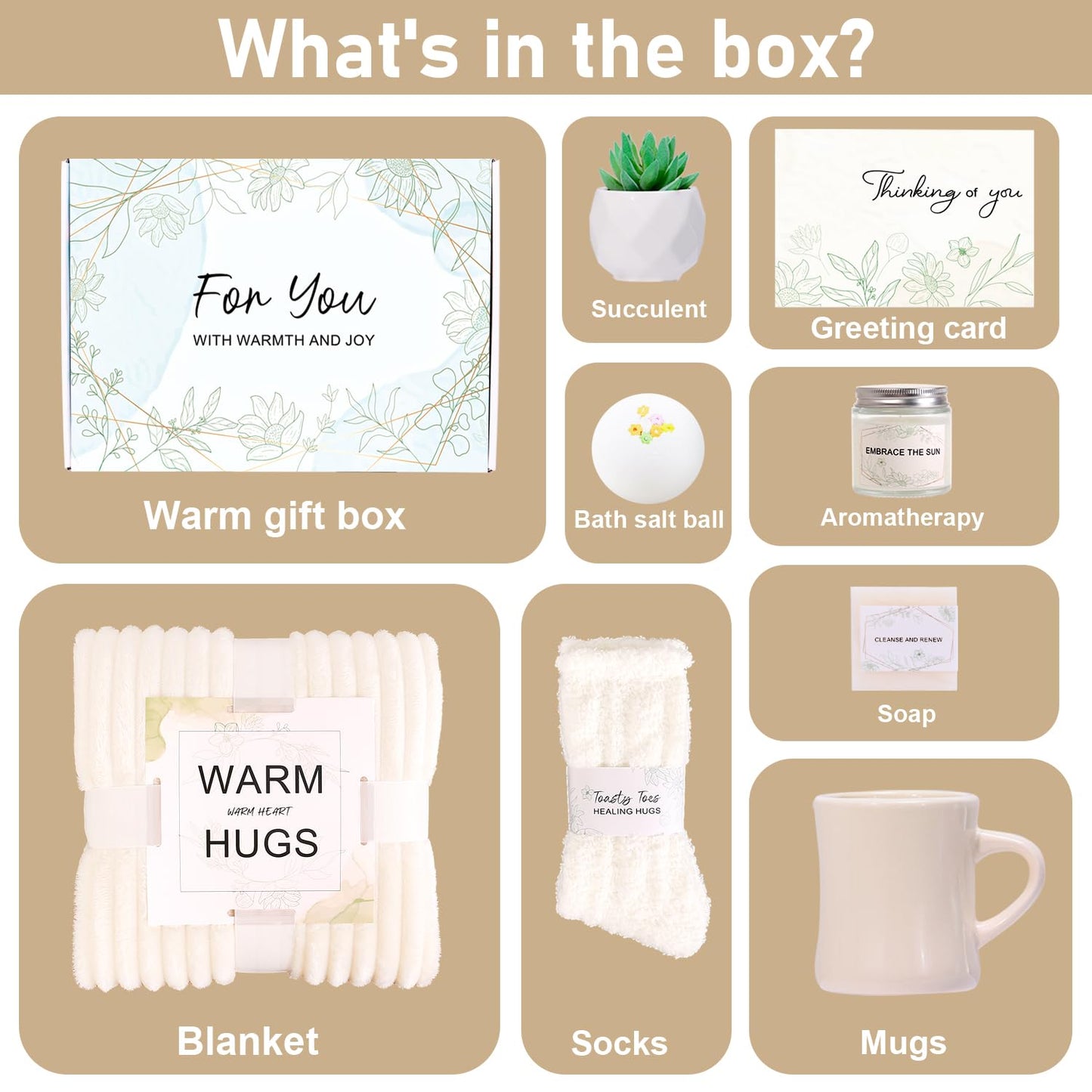 Unique Get Well Gifts for Women - Healing Hugs Gift Box with Cozy Blanket, Plush Socks, Rose-Scented Bath Bomb, Silkworm Protein Soap, Succulent, Mug, Scented Candle, and “Thinking of You” Card