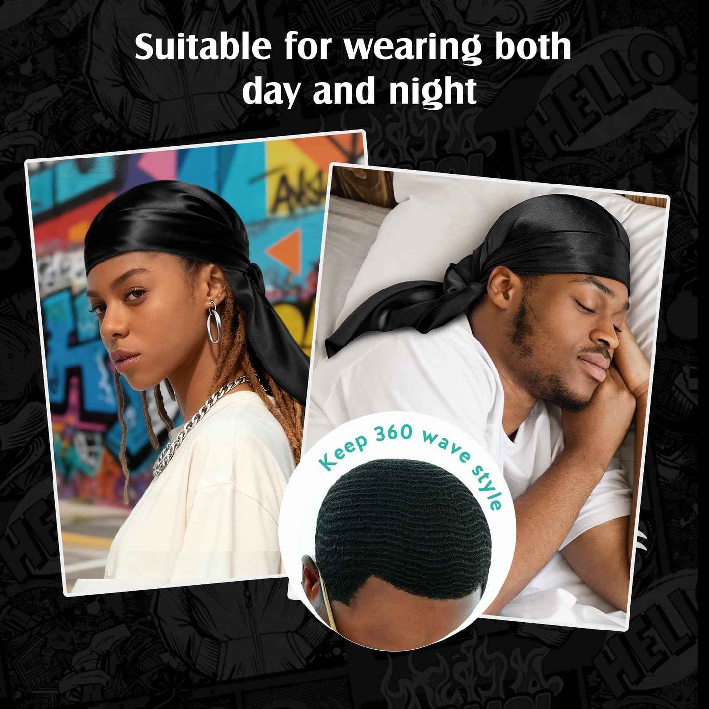 YFONG 100% Mulberry Silk Durag for Men & Women, 22 Momme Silky Durag for Hair Care, Soft and Breathable Do rag for Comfortable Wear, Perfect for Fashion Styling, 1Pc, Black