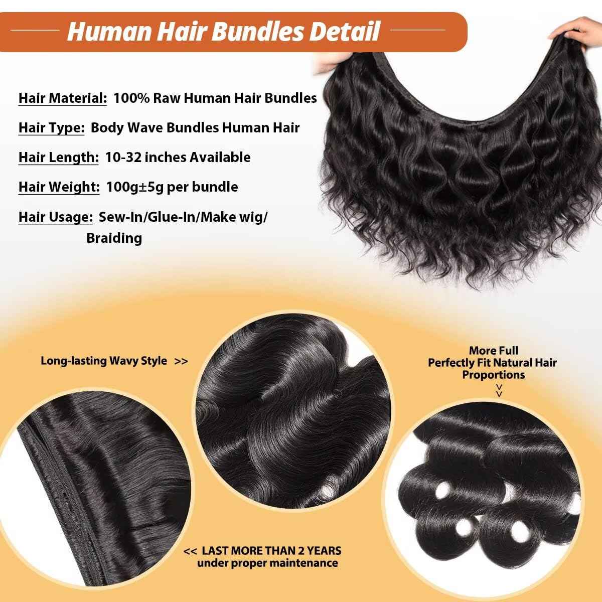 12A Human Hair Bundles 16 Inch Body Wave Bundles Human Hair 100% Unprocessed Brazilian Virgin Organique Quick Weave 1 Bundle for Women Wet and Wavy Human Hair Extensions Natural Black