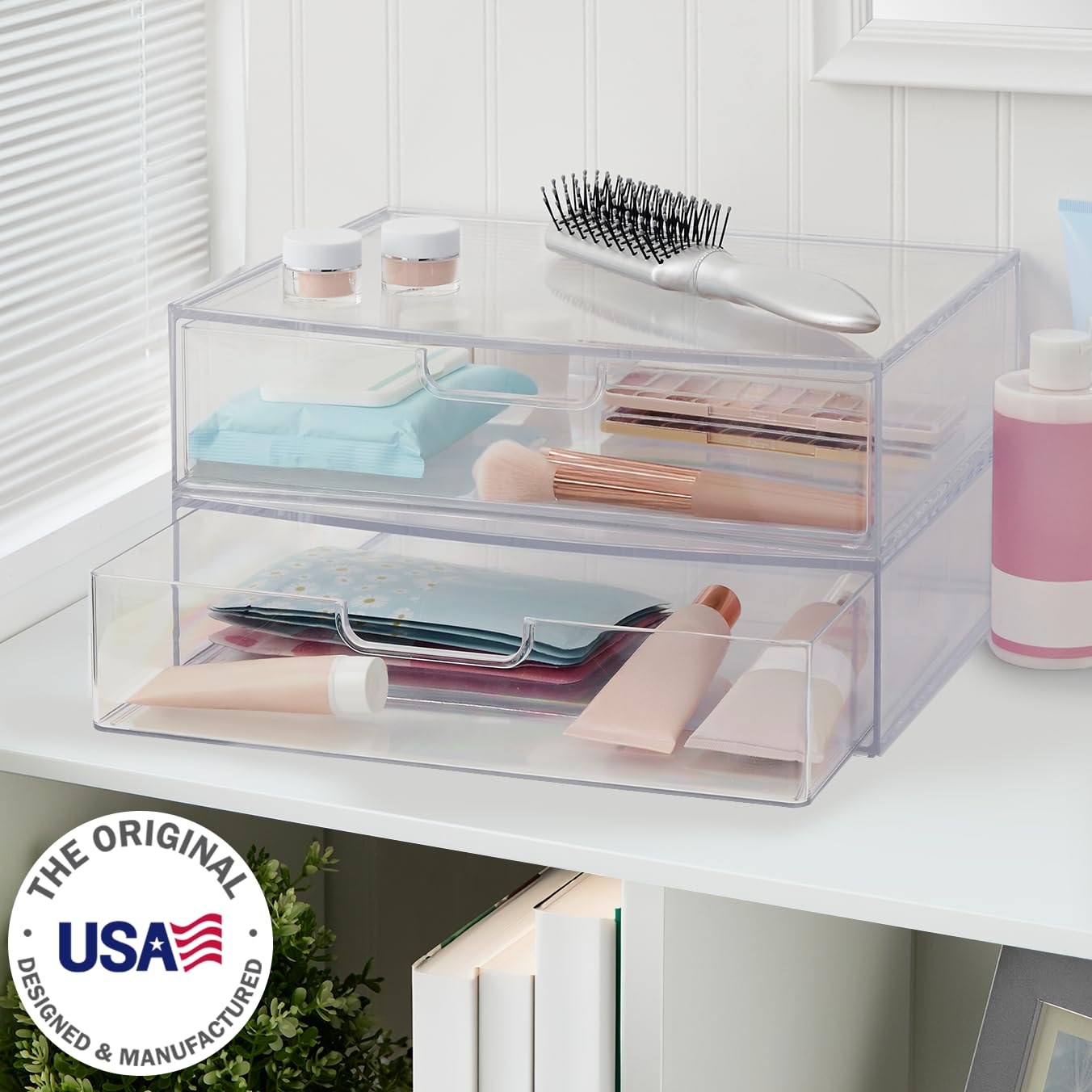 STORi Sofia 12.5” Wide Clear Stackable Open Storage Drawers, 2 Pack Plastic Organizer Bins for Makeup Palettes, Cosmetics, and Beauty Supplies, For Vanity, Bathroom, Desk Organization, Made in USA