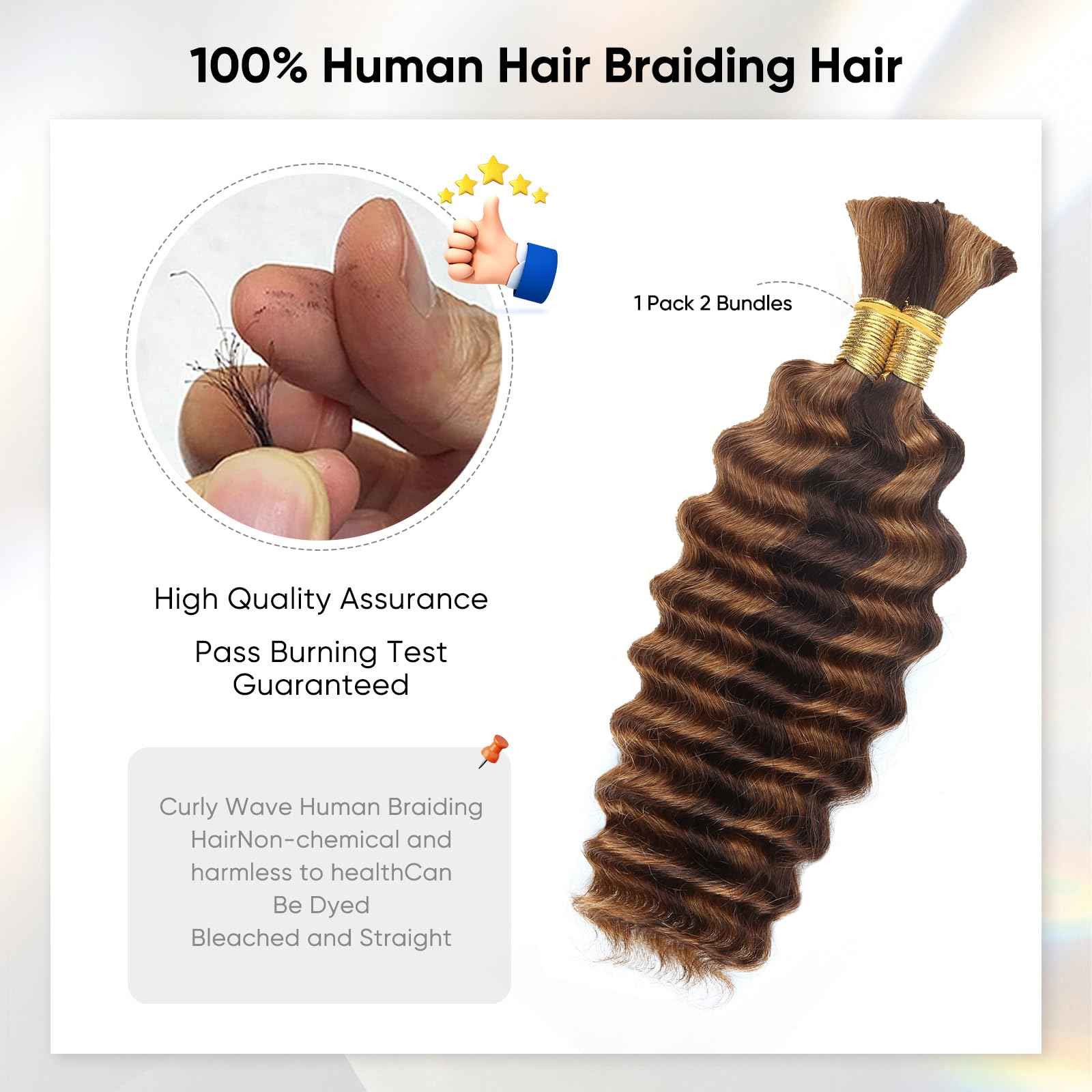 Human Braiding Hair 16 Inch 100g 4/30 Ombre Highlight Deep Wave Bulk No Weft Curly Bundles Human Hair Extensions for Boho Knotless Braids (4/30)