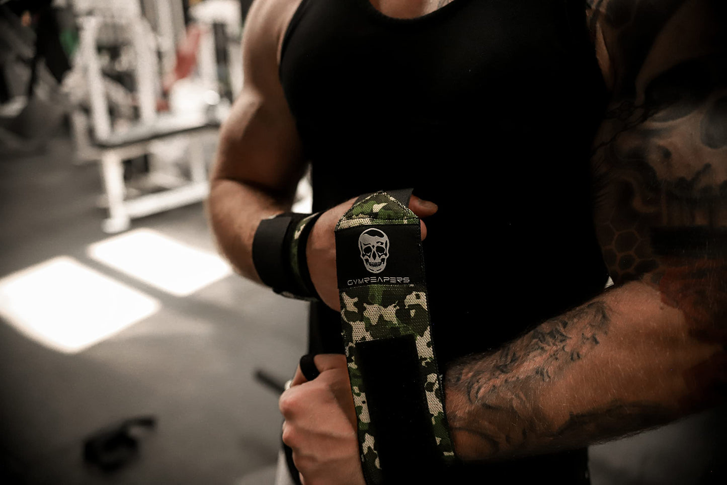 Gymreapers Weightlifting Wrist Wraps (Competition Grade) 18" Professional Quality Wrist Support with Heavy Duty Thumb Loop - Best Wrap for Powerlifting, Strength Training, Bodybuilding(Camo,18")