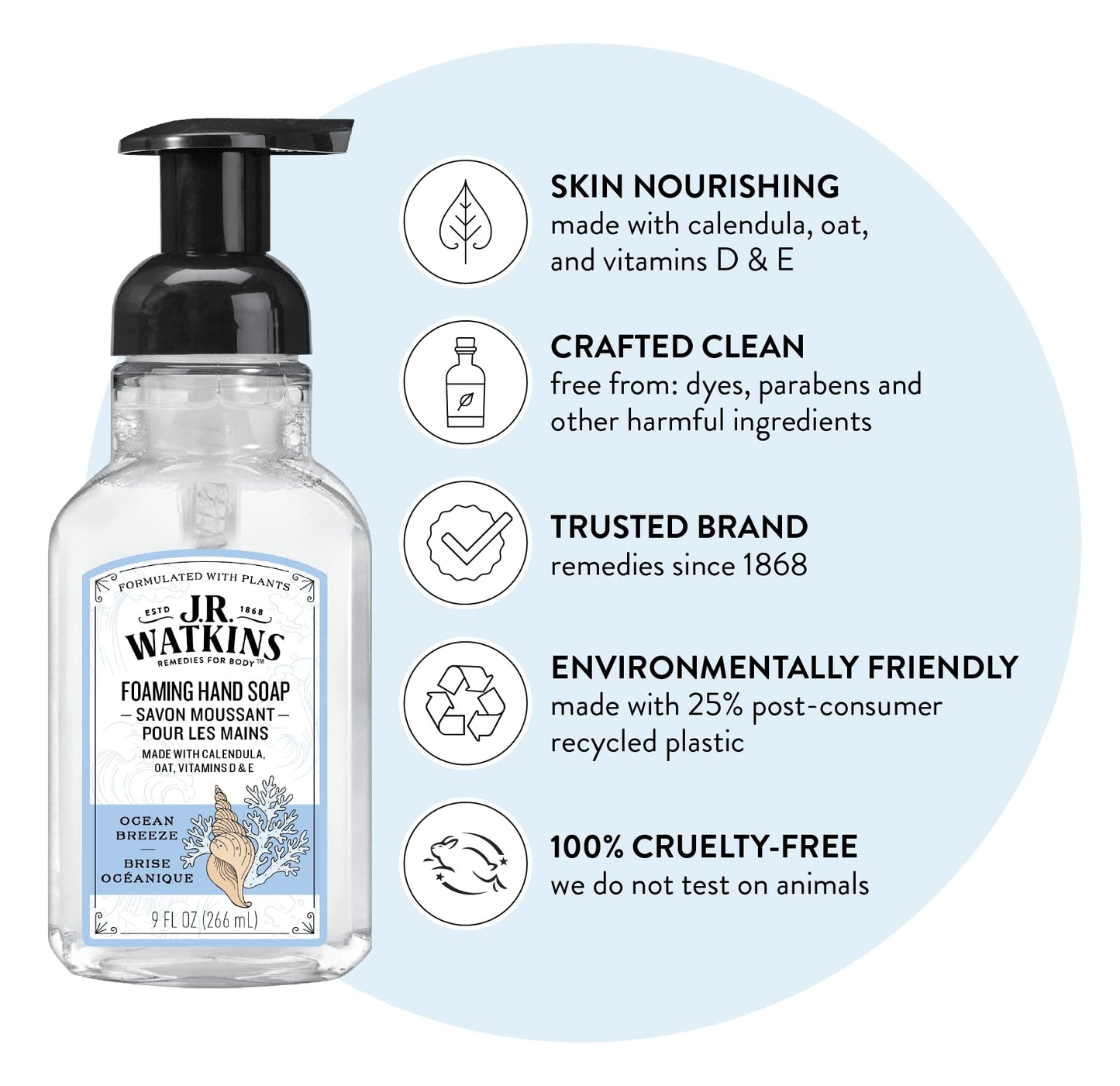 J.R. Watkins Foaming Hand Soap with Pump Dispenser, Moisturizing Foam Hand Wash & Liquid Hand Soap With Dispenser, Moisturizing Hand Soap, Alcohol-Free Hand Wash, Cruelty-Free