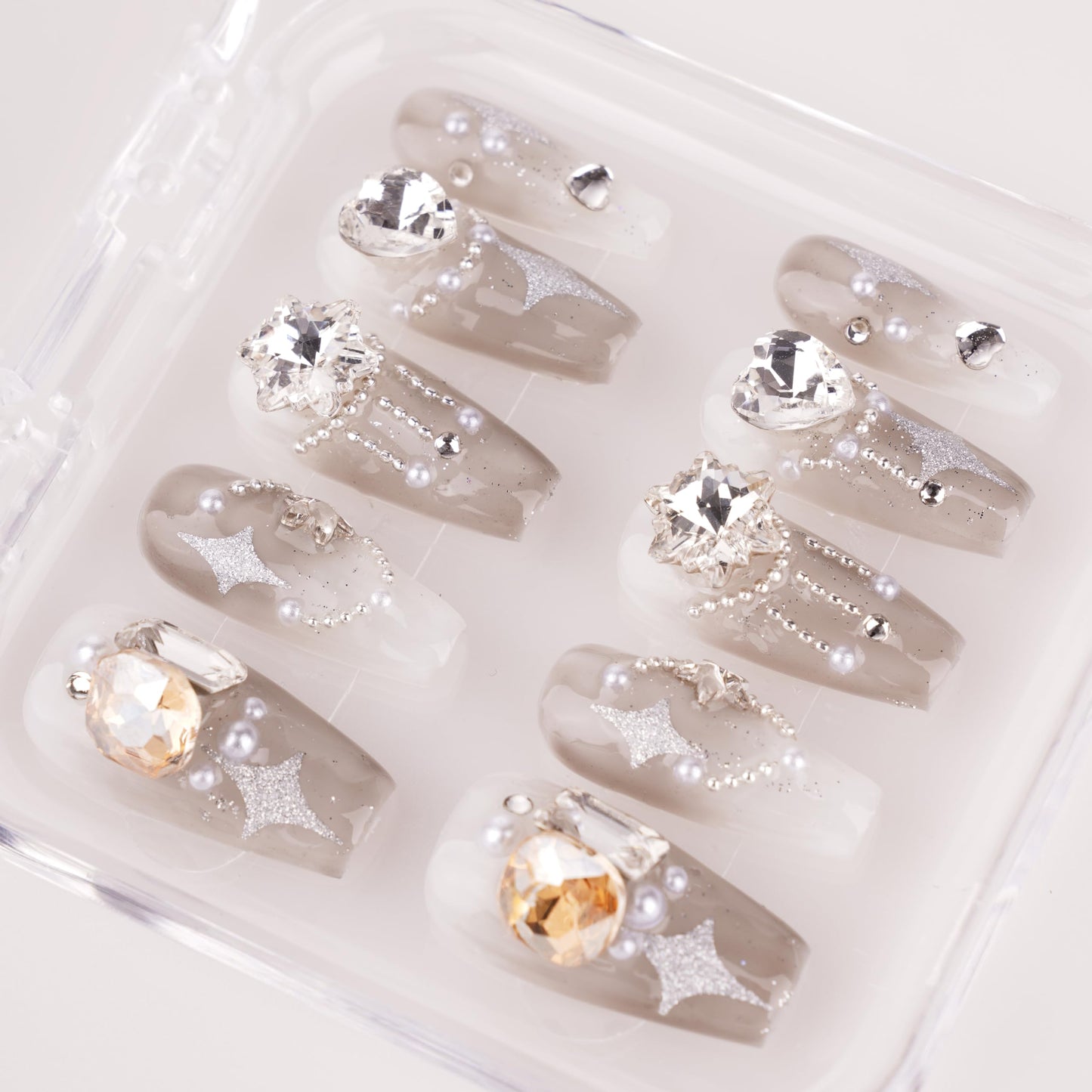 Generic Luxury Coffin Press-On Nails - Star Grey | Medium Size with 3D Star, Shining Diamond, and Pearl | Reusable and Stylish False Nails Kit | Artistic & Glamorous Grey Fake Nails