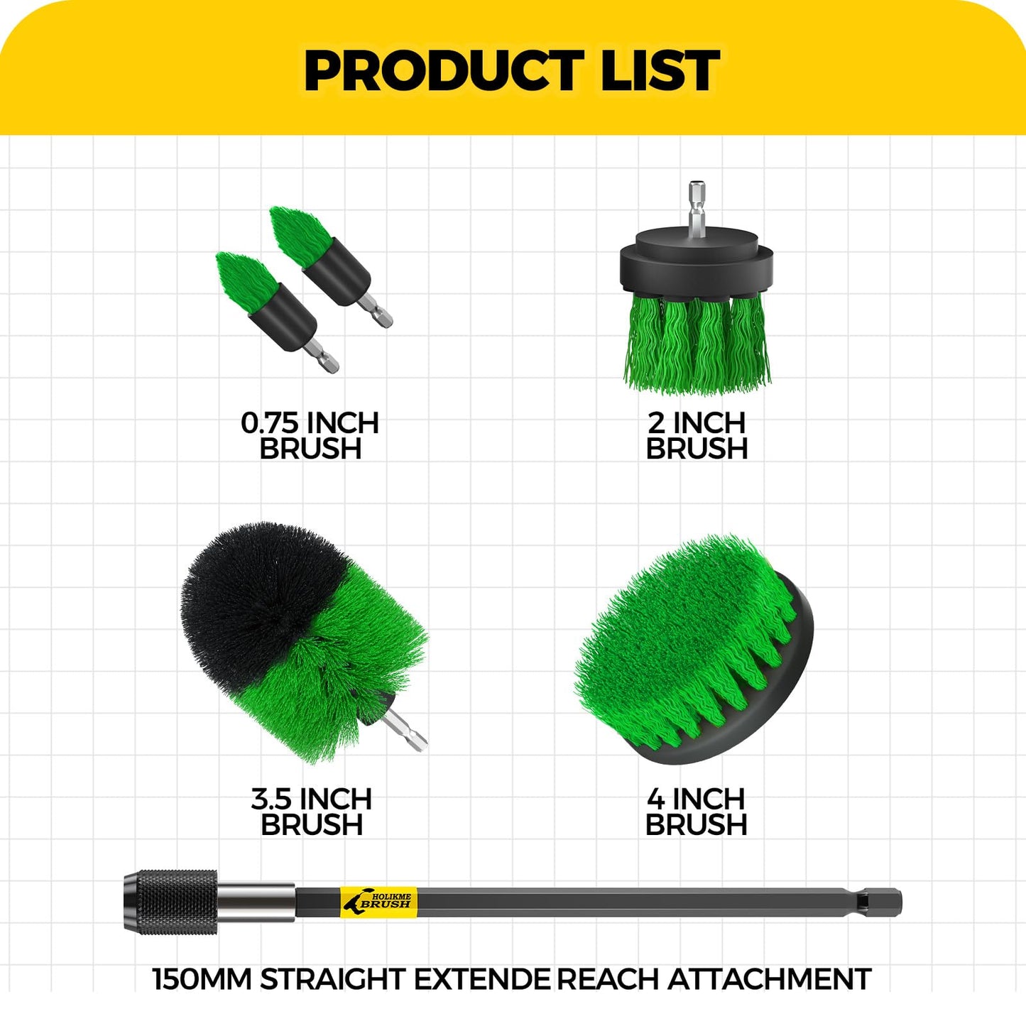 Holikme 6Pack Drill Brush Power Scrubber Cleaning Brush Extended Long Attachment Set All Purpose Drill Scrub Brushes Kit for Grout, Floor, Tub, Shower, Tile, Bathroom，Scrub Brush Green