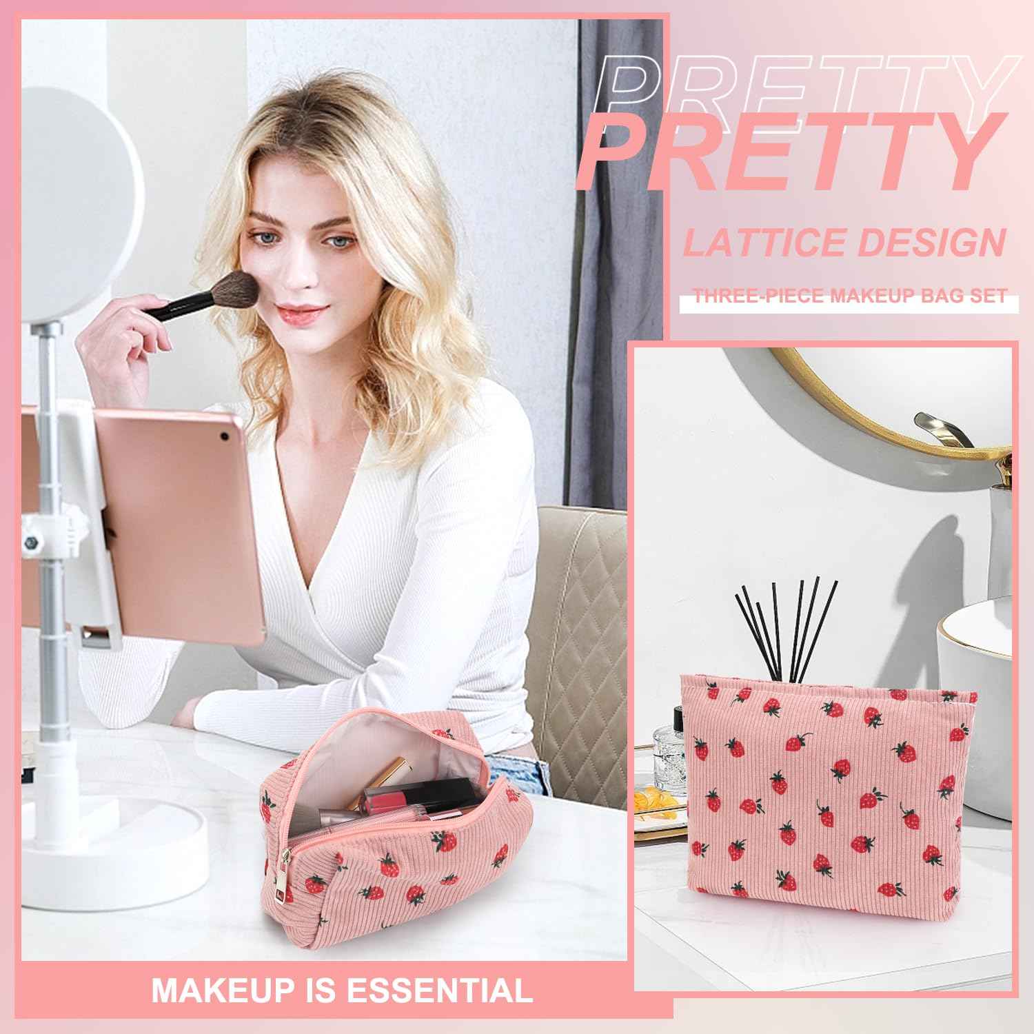 EIMMBD Makeup Bag 3 Pieces Large Capacity Cosmetic Bags Travel Toiletry Bag Organizer Cute Makeup Pouch Storage for Women(Pink Strawberry)