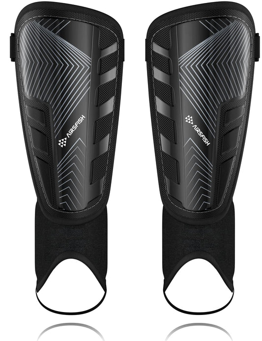 Upgraded Soccer Shin Guards for Kids Youth Adults, CE Certified AirsFish Shin Guard Sleeves Protection Gear for Boys Girls Soccer Games EVA Cushion Reduce Shocks and Injuries (S Plus, Black)