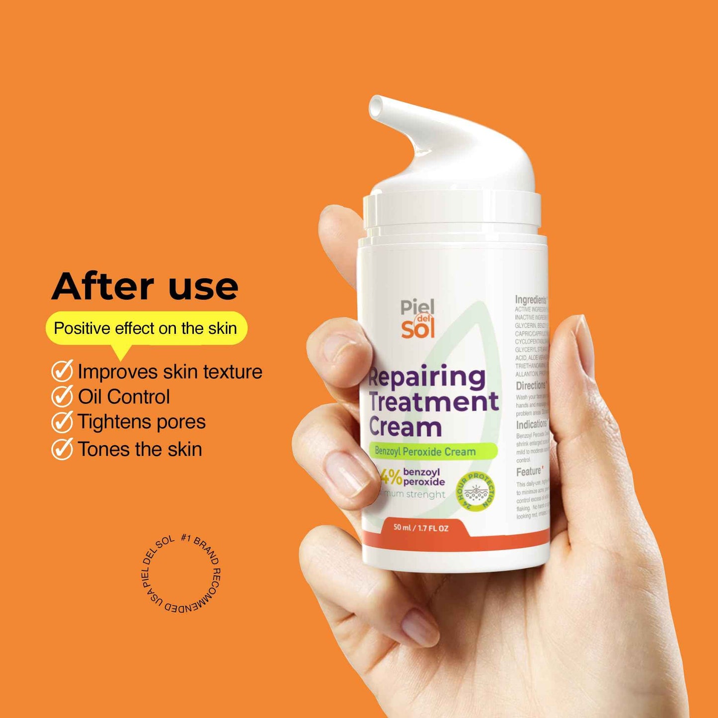 Piel del Sol cosmetics Acne Cleansing Cream & Repairing Treatment - Face & Body Skincare with Benzoyl Peroxide, Sweet Almond Oil, Tea Tree Oil, Aloe Vera Extract for Acne Spot Treatment, 50ml