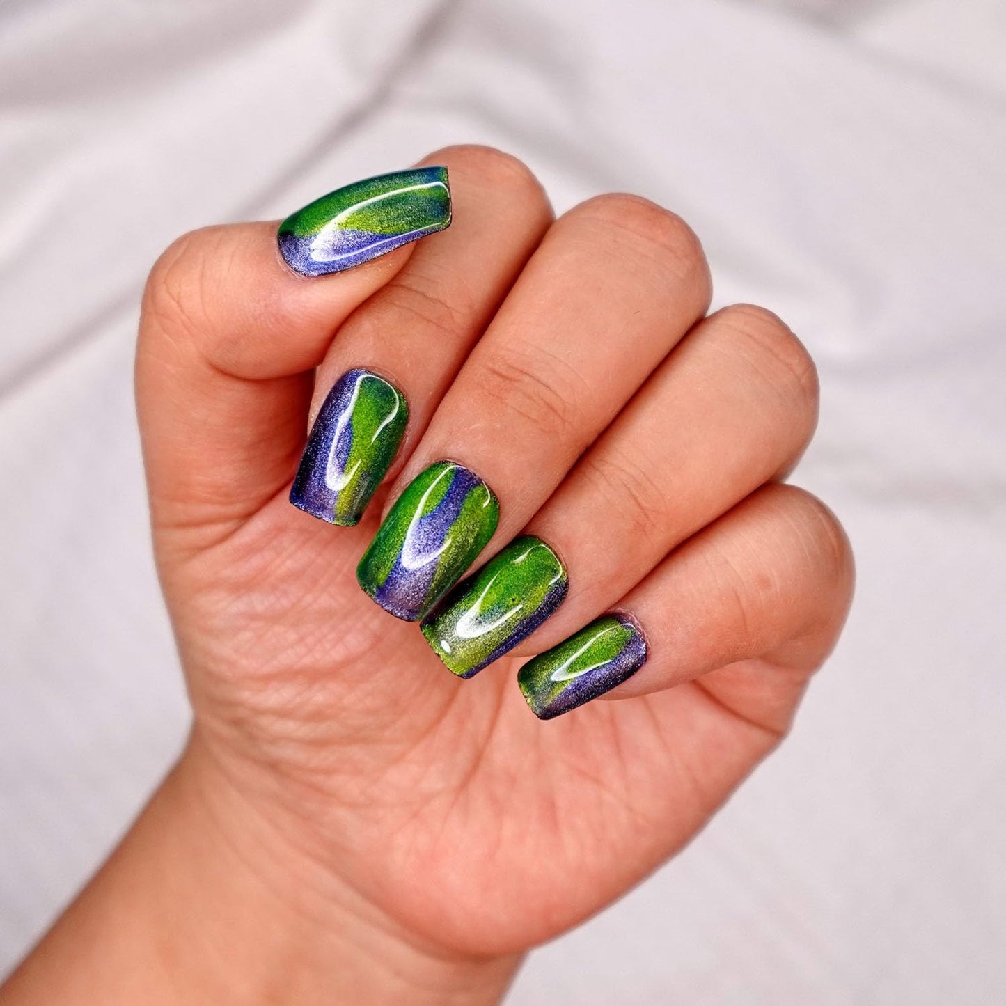 10 Pcs Handmade Press on Nails (Medium, Gaia - Chrome Blue and Green Water Color/Short Square) A124M