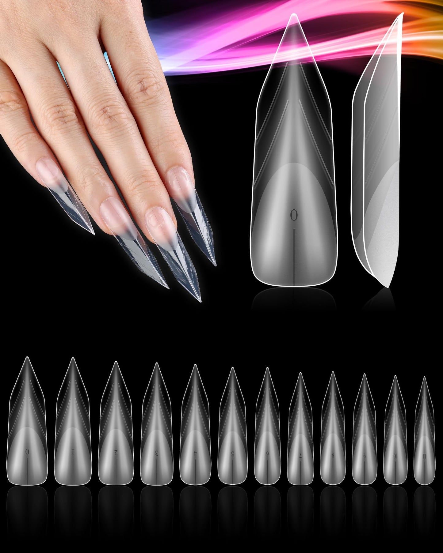 120Pcs Extra Long Stiletto Nail Tips, 12 Sizes Clear XXL Full-Cover Press On Nails Half-Matte False Nail Extension Tips For Professional Salons Home DIY Nail Art Manicure Design