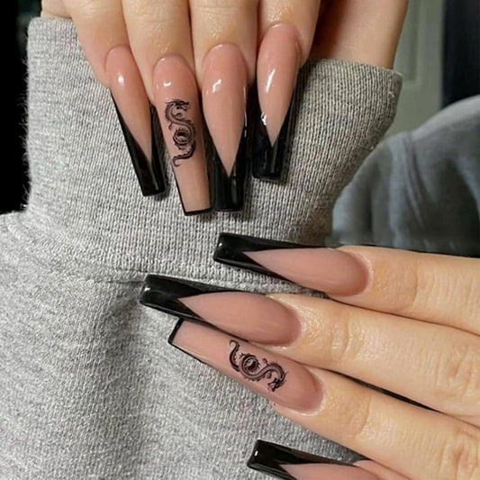 FOAMEE French Tip Fake Nails Coffin Long Press on Nails with Design Dragon Stick on False Nails Acrylic Glossy Glue on Nails for Women