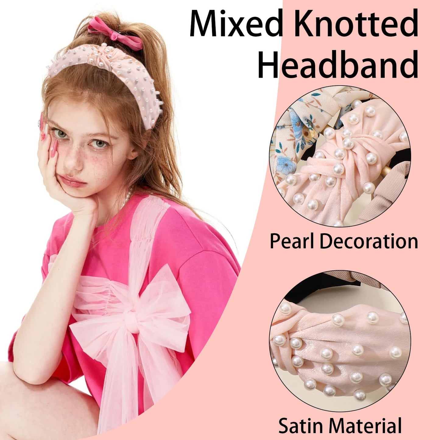 Drnytunk 6Pcs Pearl Knotted Headbands for Women Girls, Cute Flower Wide Thick Hoops Hair Accessories