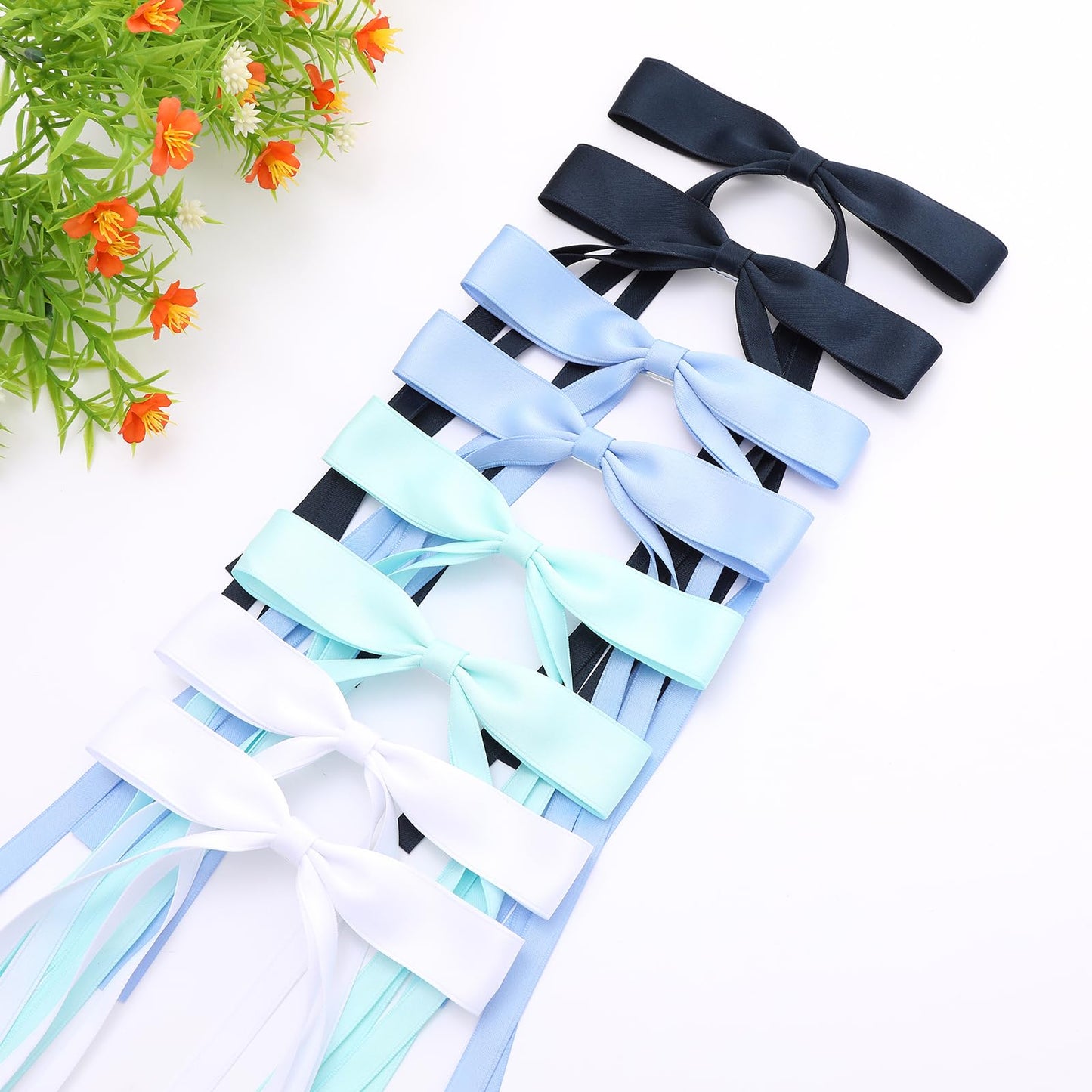 WORTL Hair Bows with Long Tails, Clips, and Barrettes for Women's Accessories (White, Blue, Navy Blue, Light Green)