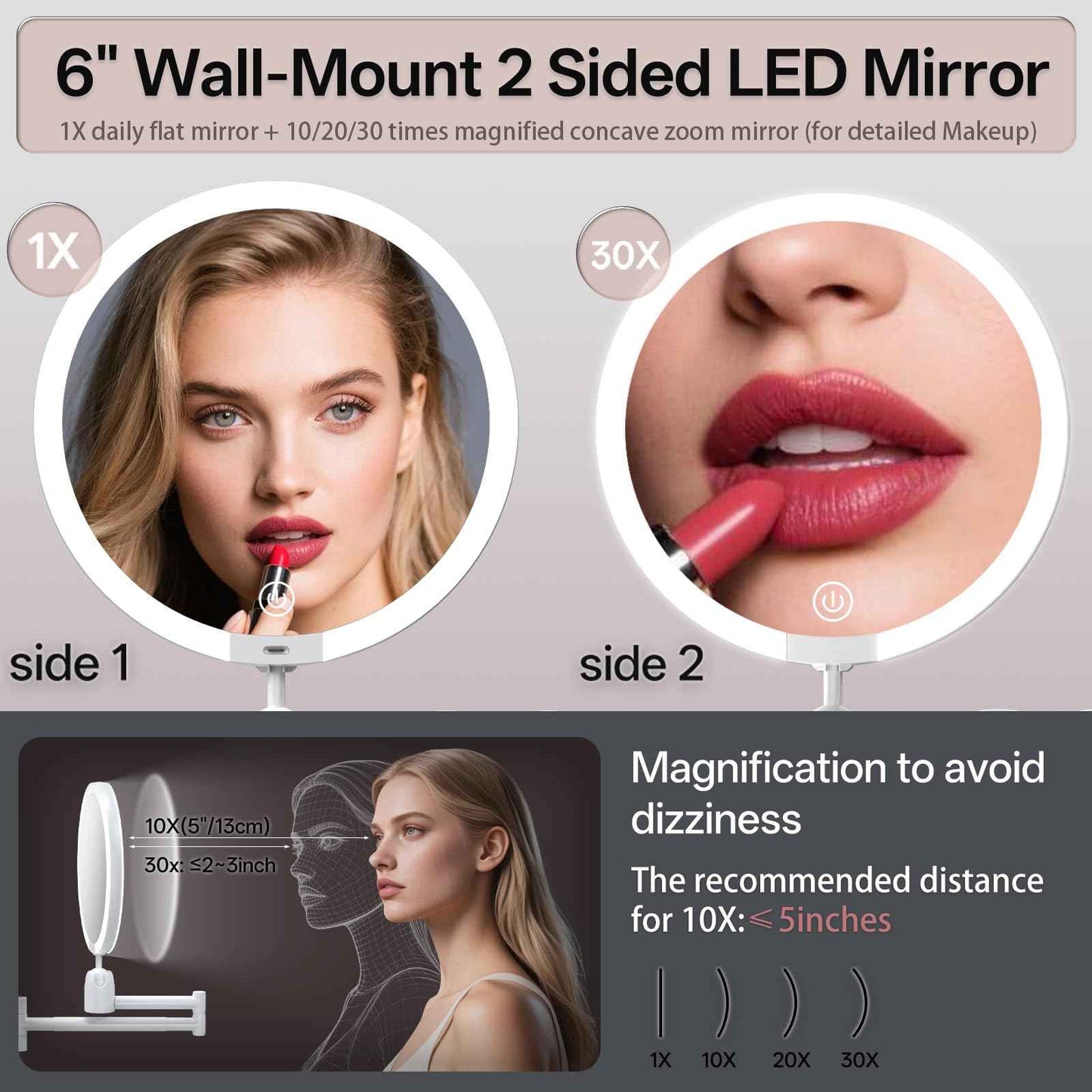 6" Led Wall Mounted Makeup Mirror Double Sided 1/20X, 1-Second Install Lightweight Compact Wall Mirror with Light, Rechargeable Extendable Magnifying Mirror for Bathroom, Wall Vanity Mirrors (1+20X)