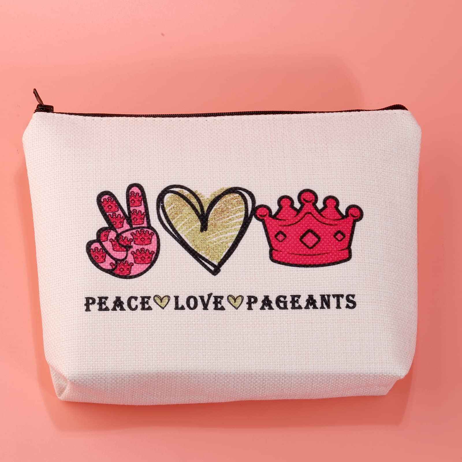 JXGZSO Pageant Queen Gift Beauty Pageant Gift Pageant Crown Cosmetic Bag Peace Love Pageant Makeup Pouch Pageant Zipper Bag