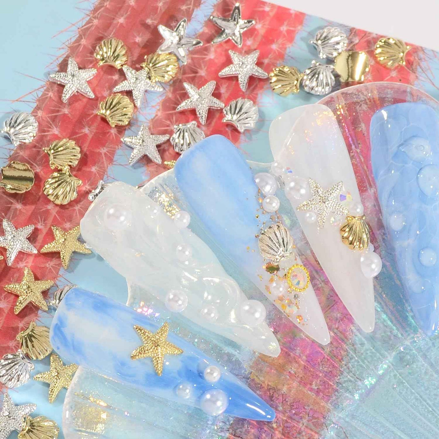 WEILUSI 100PCS Gold Silver Nail Art Charms Ocean Theme Shell Starfish Studs Decals Rivets, Alloy 3D Sea Shell Star Metal Nail Jewelry Supplies for DIY Manicure Decoration
