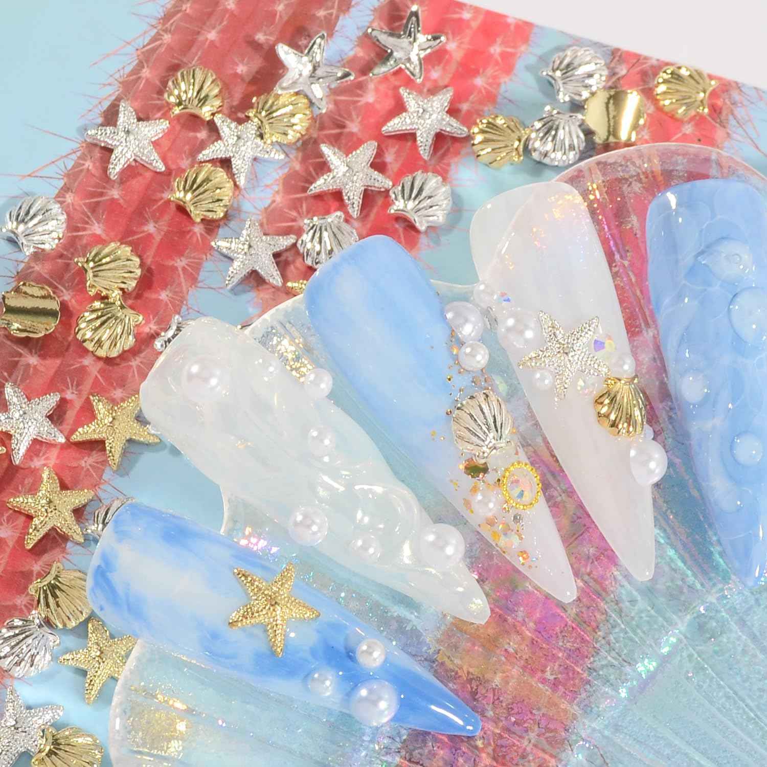 WEILUSI 100PCS Gold Silver Nail Art Charms Ocean Theme Shell Starfish Studs Decals Rivets, Alloy 3D Sea Shell Star Metal Nail Jewelry Supplies for DIY Manicure Decoration