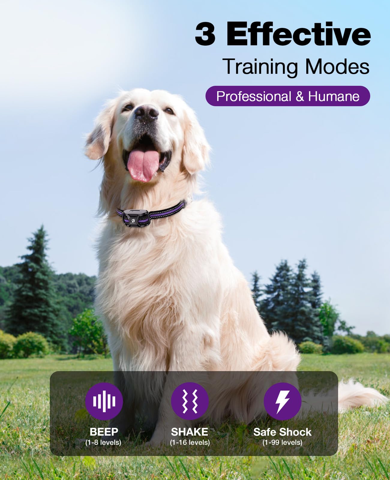 Bousnic Dog Shock Collar - 3300Ft Training Collar with Remote for 5-120lbs Small Medium Large Dogs Rechargeable Waterproof e Collar with Beep (1-8), Shake(1-16), Safe Shock(1-99) Modes (LightPurple)