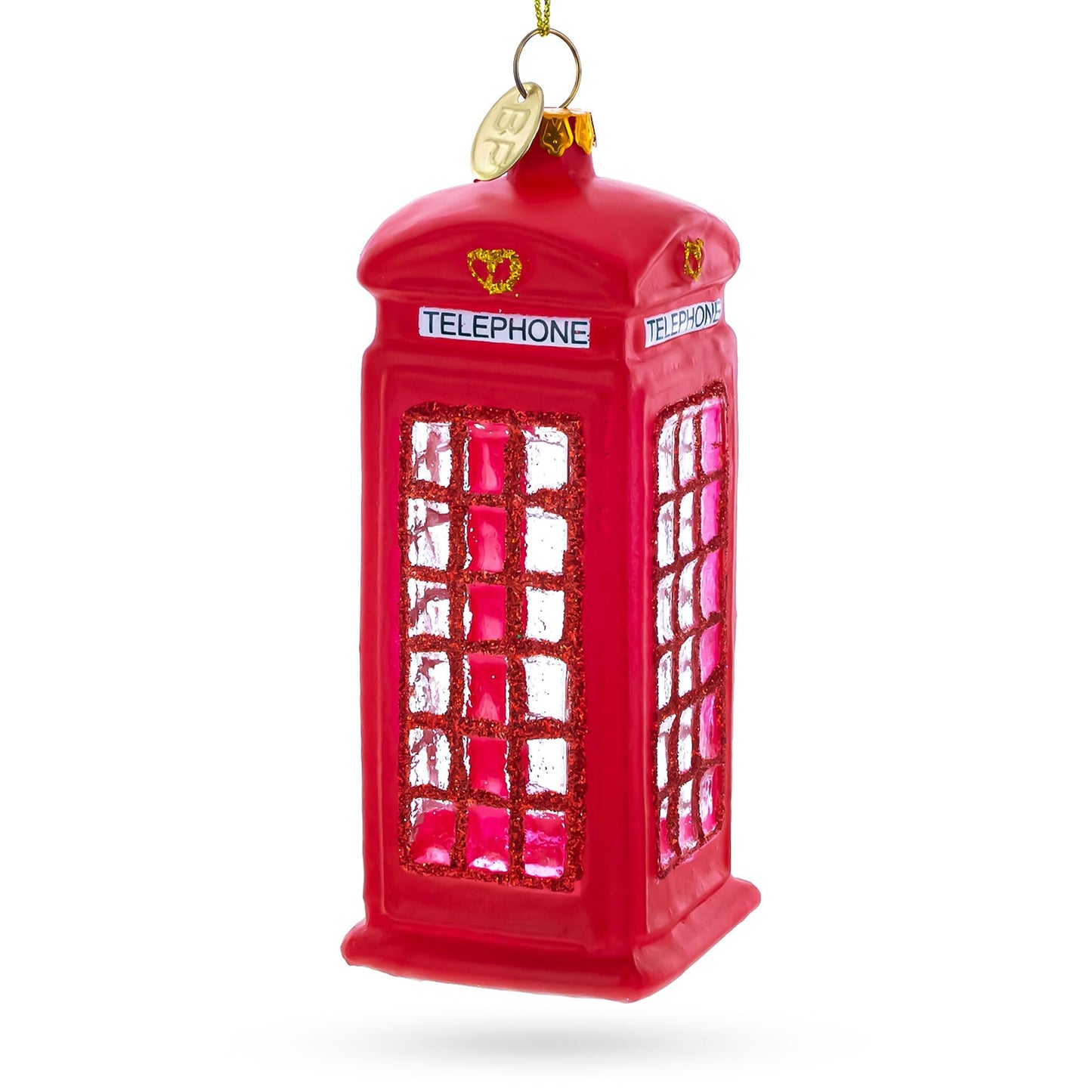 Red Telephone Booth in London, United Kingdom Blown Glass Christmas Ornament