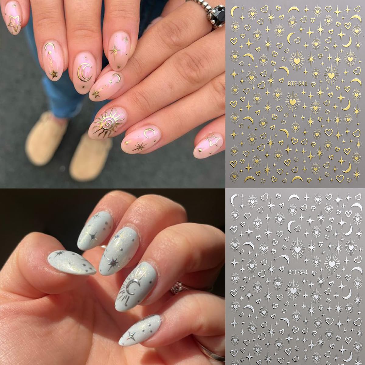 6 Sheets Stars Sun Moon Nail Stickers DIY Self-Adhesive Pegatinas Uñas Gold Silver Laser Starlight Moon Star Nail Art Designs for Women Acrylic Nail Decoration Accessories