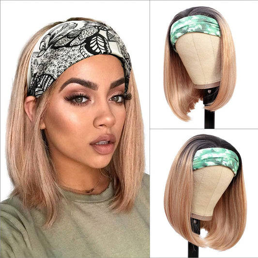 Headband Wigs for Black and White Women Blonde Wig Glueless Synthetic Short Bob Headband Wigs Heat Resistant Fiber 180% Density None Lace Colored Wigs for Cosplay Party and Daily Use (T1B/627)