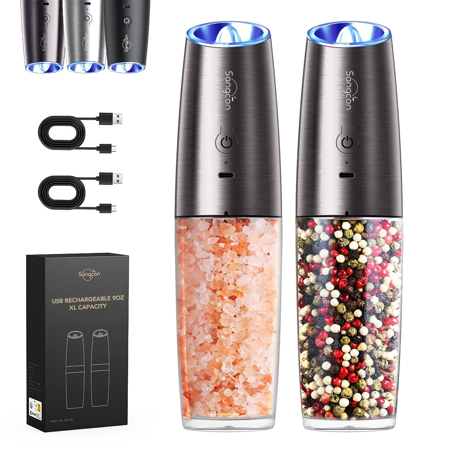 Sangcon Gravity Electric Salt and Pepper Grinder Set Shakers RECHARGEABLE 9OZ XL Capacity USB-C No Battery Needed - LED Light One Hand Operation, Adjustable Coarseness Automatic Mills Set for Gifts