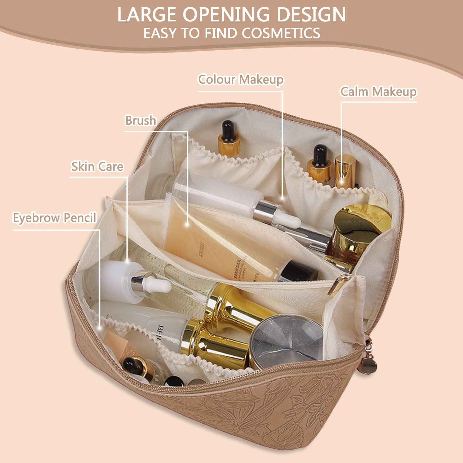 BAKLUCK Large Capacity Travel Cosmetic Bag with Compartment, Waterproof PU Leather Portable Flower Makeup Organizer Bag for Women and Girls - Khaki