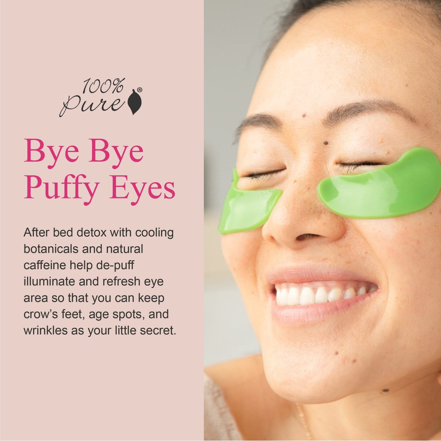 100% PURE Bright Eyes Masks Under Eye Skincare Wrinkle Smoothing Replenishment Diminish Dark Circles, Puffiness - Hydrating & Moisturizing Patches For Tired Eyes & Morning Bags - Vegan - 5 Pack