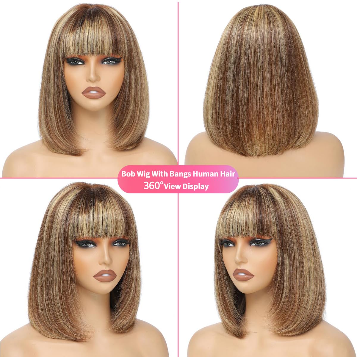 Bob Wig with Bangs Human Hair P4/27 Straight Wig Human Hair Short Human Hair Glueless Wear Wig Ombre Blonde Highlight Short Bob Wigs for Black Women 2.5X1 inch Bob Wig Human Hair 10Inch Short Bob