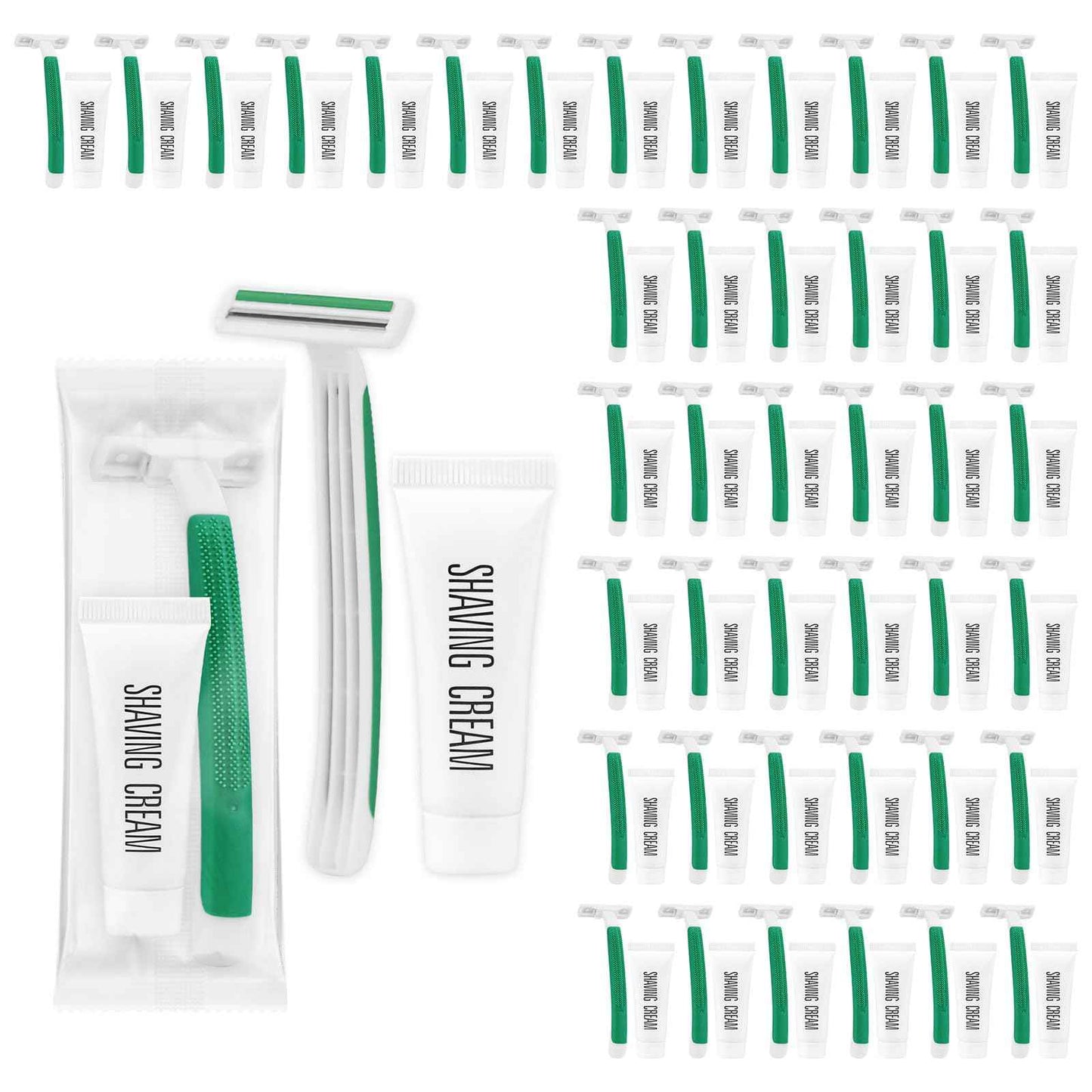 Green Disposable Twin Blade Razors in Bulk, Individually Wrapped with Safety Cap and Shaving Cream (50 Pack) for Homeless, Hotel, Airbnb, Shelter