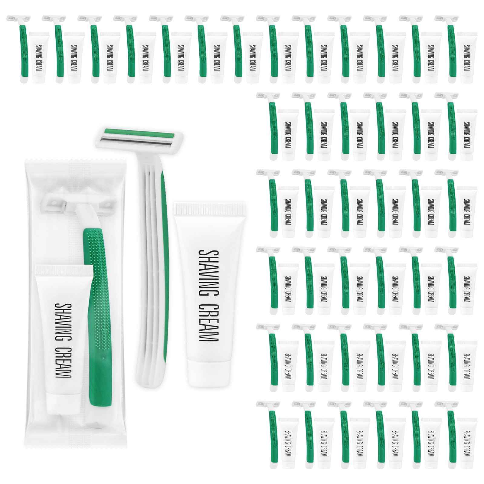 Green Disposable Twin Blade Razors in Bulk, Individually Wrapped with Safety Cap and Shaving Cream (50 Pack) for Homeless, Hotel, Airbnb, Shelter