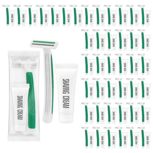 Green Disposable Twin Blade Razors in Bulk, Individually Wrapped with Safety Cap and Shaving Cream (50 Pack) for Homeless, Hotel, Airbnb, Shelter