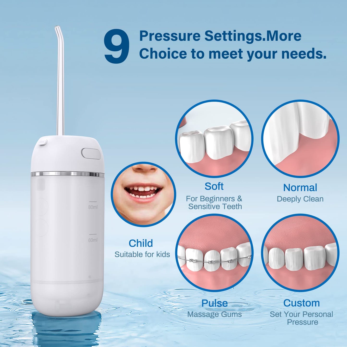 Water Flosser Cordless for Teeth, PONYFREE Mini Portable Oral Irrigator with 9 Pressure Modes, Teeth Cleaner Pick, Unique Pressure Stabilization Technology, IPX7 Waterproof for Home Travel