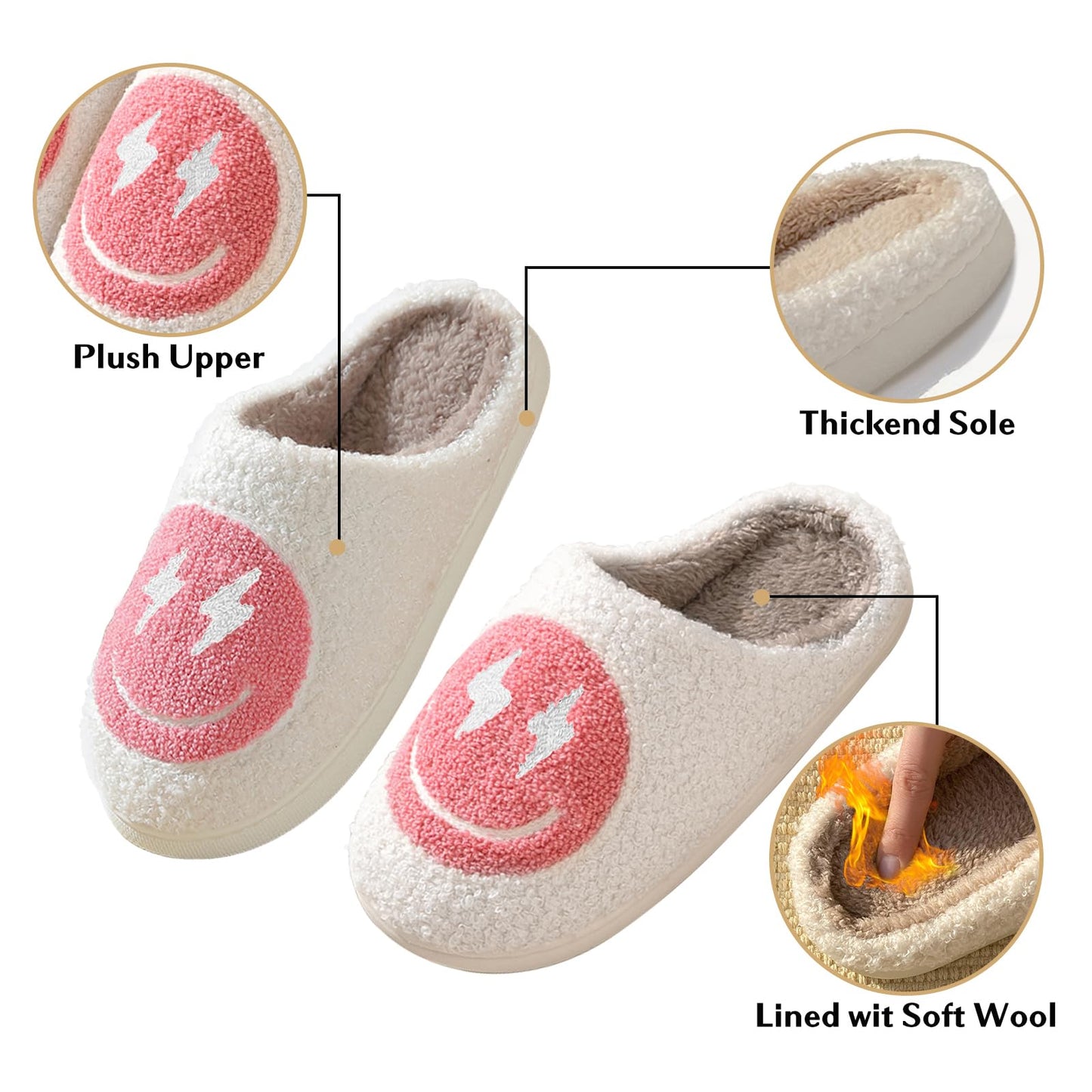 FACAXEDRE Retro Smile Face Slippers, Smile Slippers for Women, Slippers Women Unisex Fluffy Soft and Comfy, Cute Cushion House Plush Slipper for Men Pink 8.5-9.5 Memory Foam Slippers