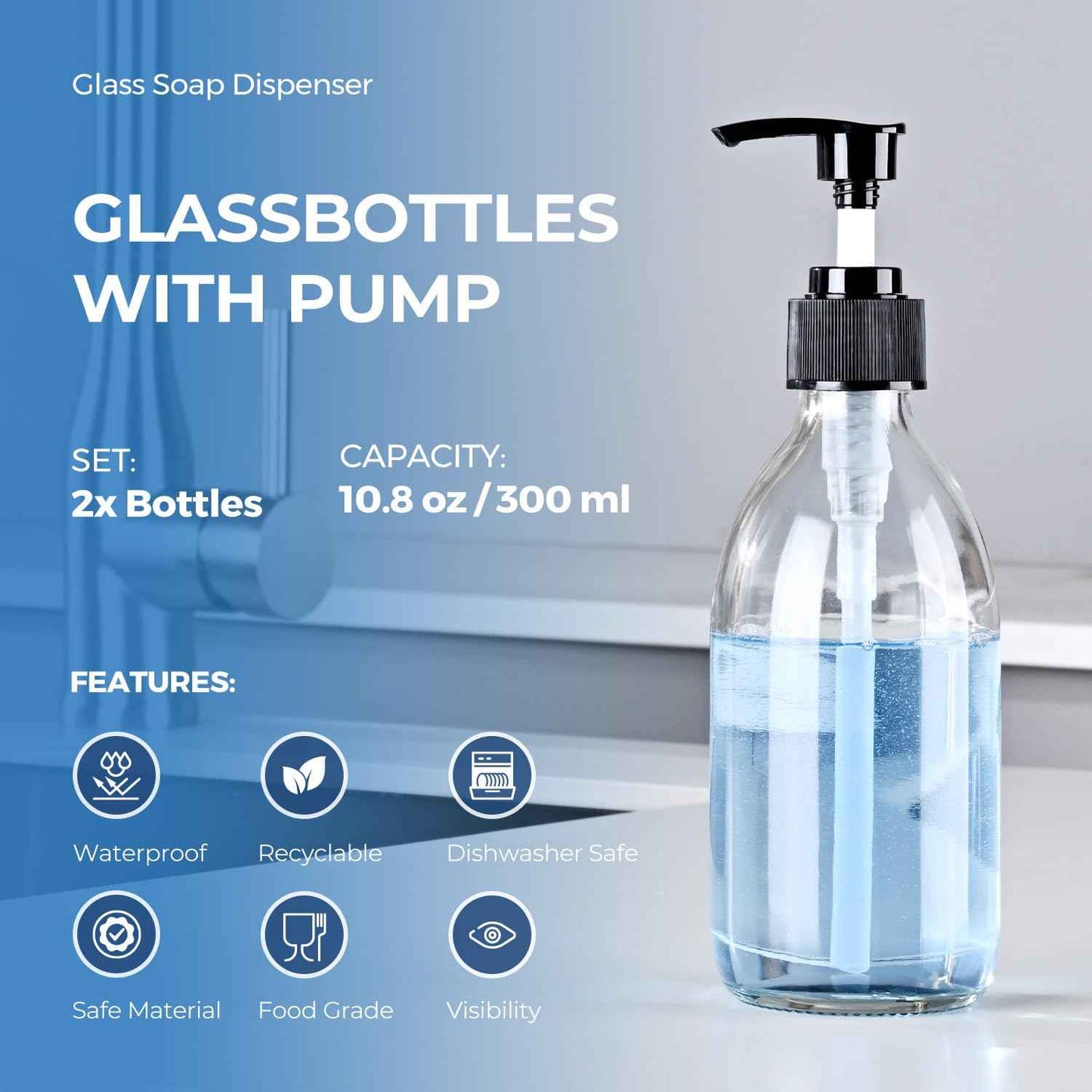Glass Pump Bottle Dispenser 10.8 oz，Homepicker Lotion Bottle with Pump for Body Oil，300ml Glass Bottles with 1 Extra Pump Tops, Black Caps, Labels - 2 Pack