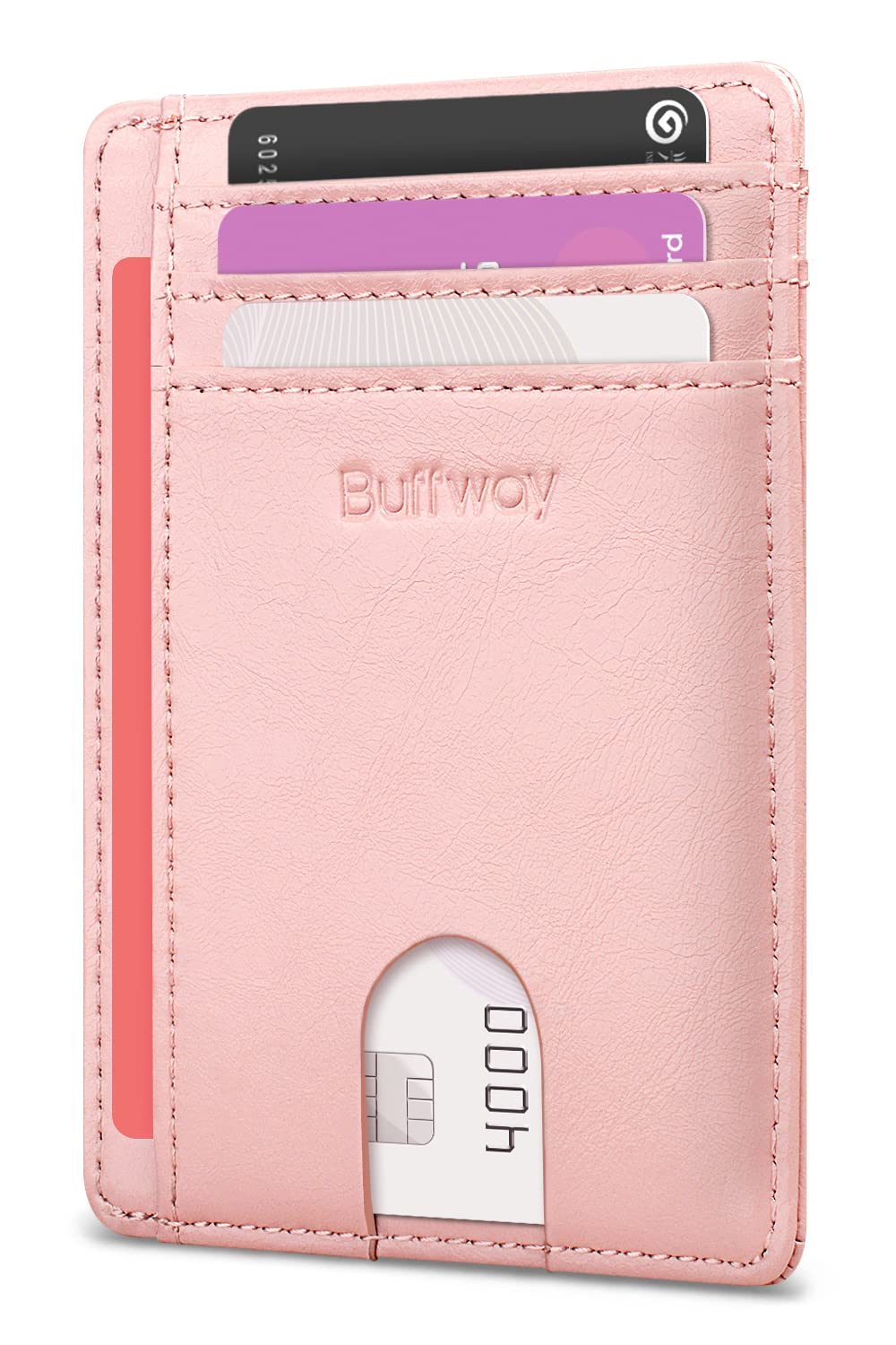 Buffway Slim Minimalist Front Pocket RFID Blocking Leather Wallets for Men and Women - Alaska Pink