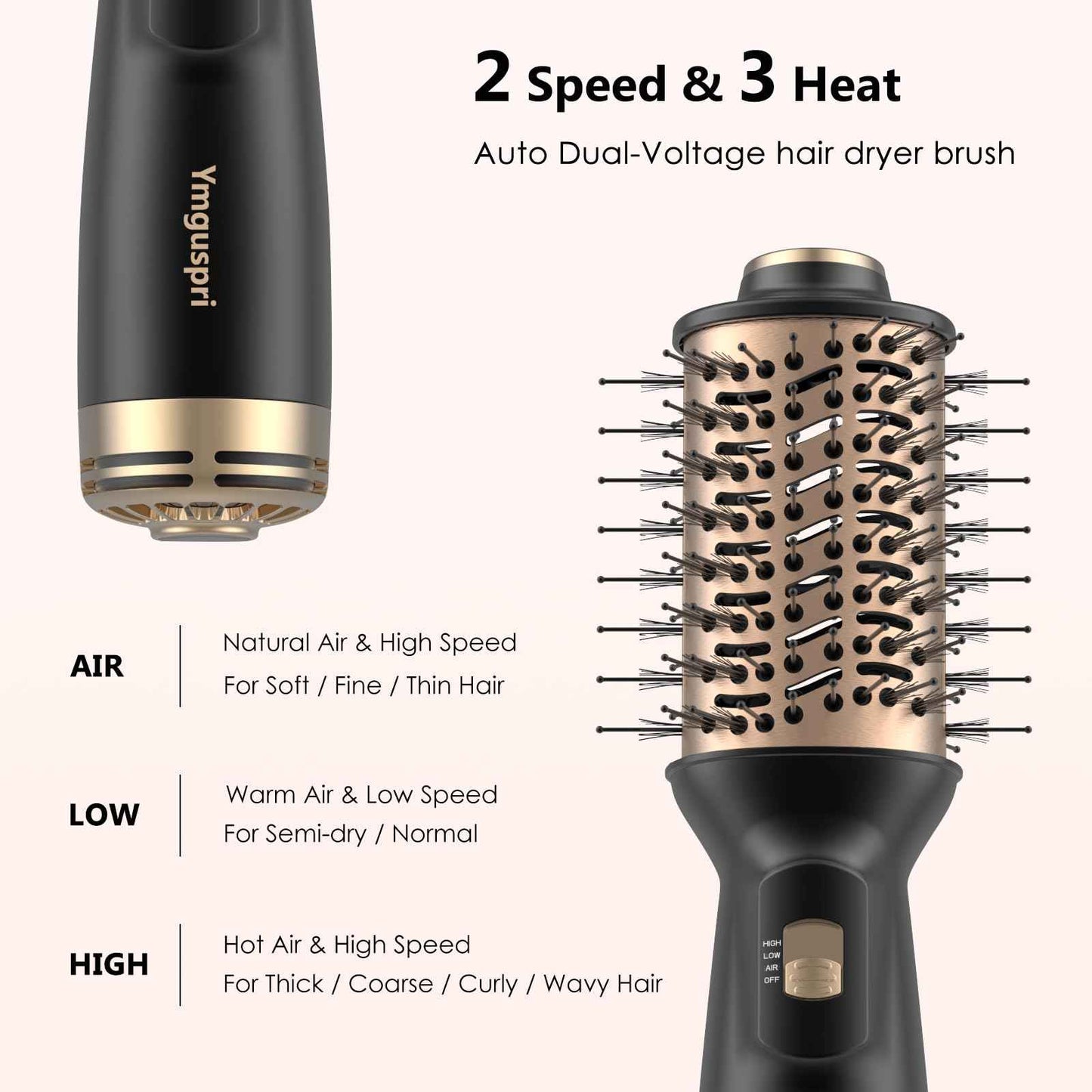 Ymguspri Travel Dual Voltage Hair Dryer Brush, Mini Auto Blow Dryer Brush in one, 2 Inch One Step Hot Air Hair Dryer and Styler for Home & Salon with EU&UK Plug (Gold)