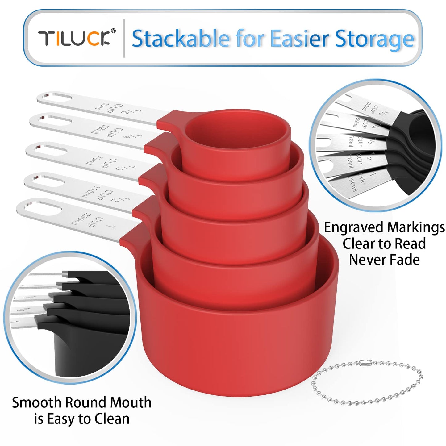 TILUCK Measuring Cups & Spoons Set, Stackable Cups and Spoons, Nesting Measure Cups with Stainless Steel Handle, Kitchen Gadgets for Cooking & Baking (Red)